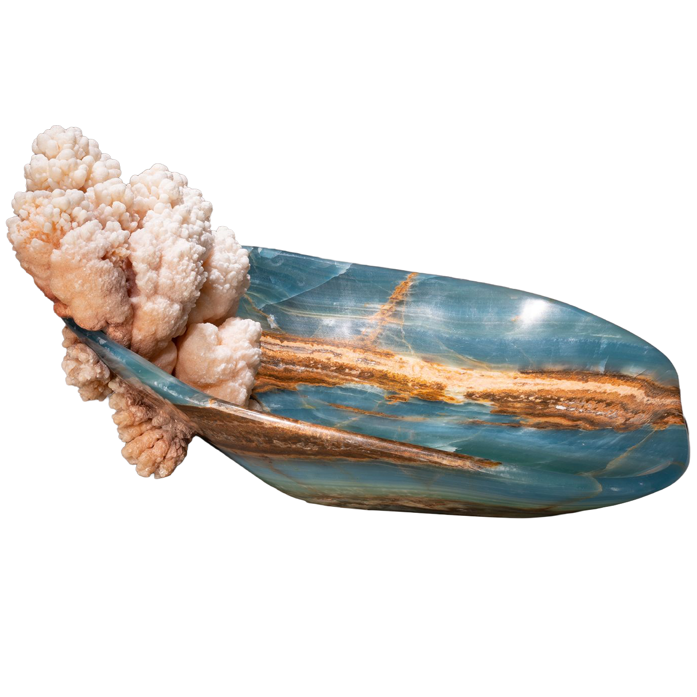 Calcite sur bol bling en aragonite bleue