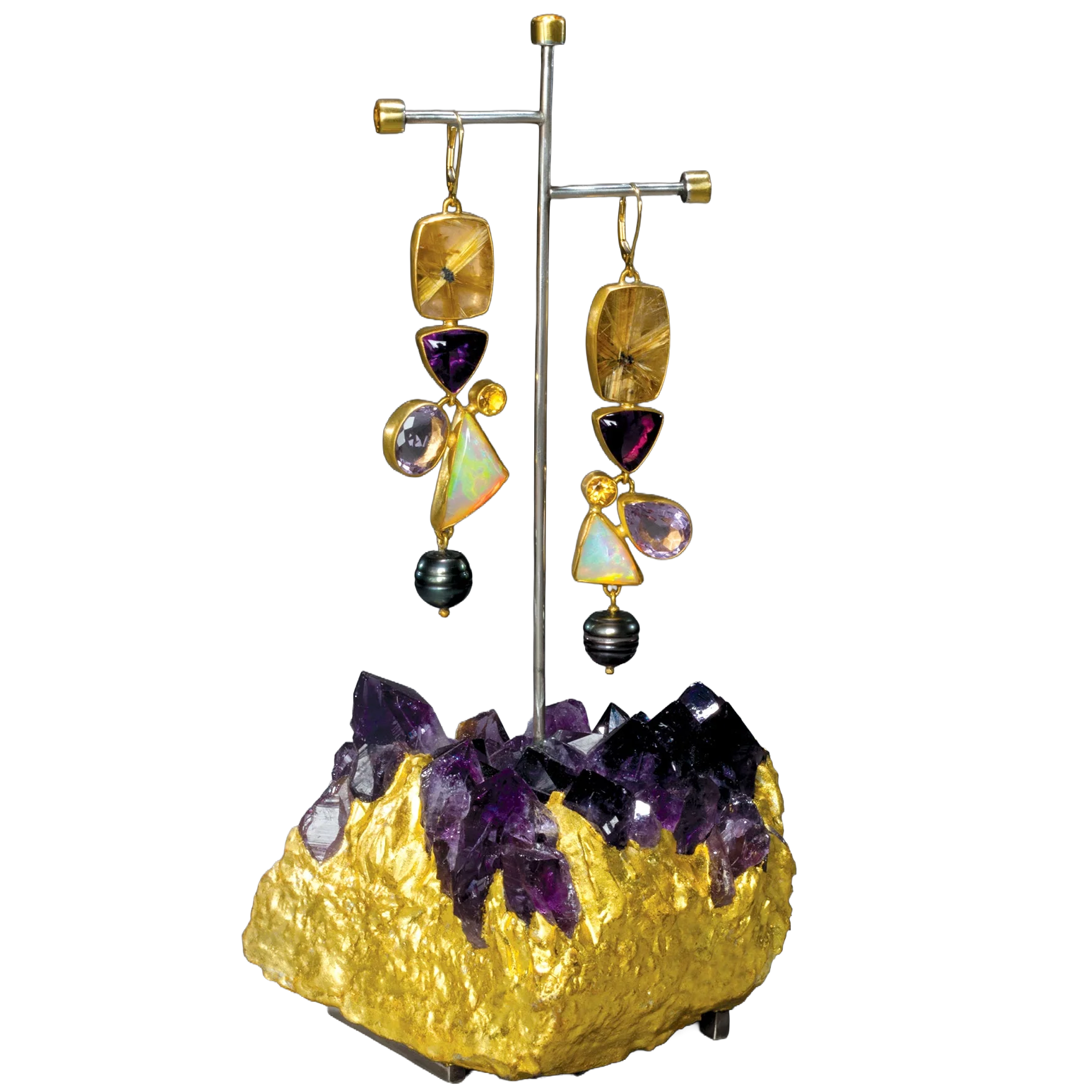 Boucles d'oreilles en quartz étoilé rutile sur améthyste