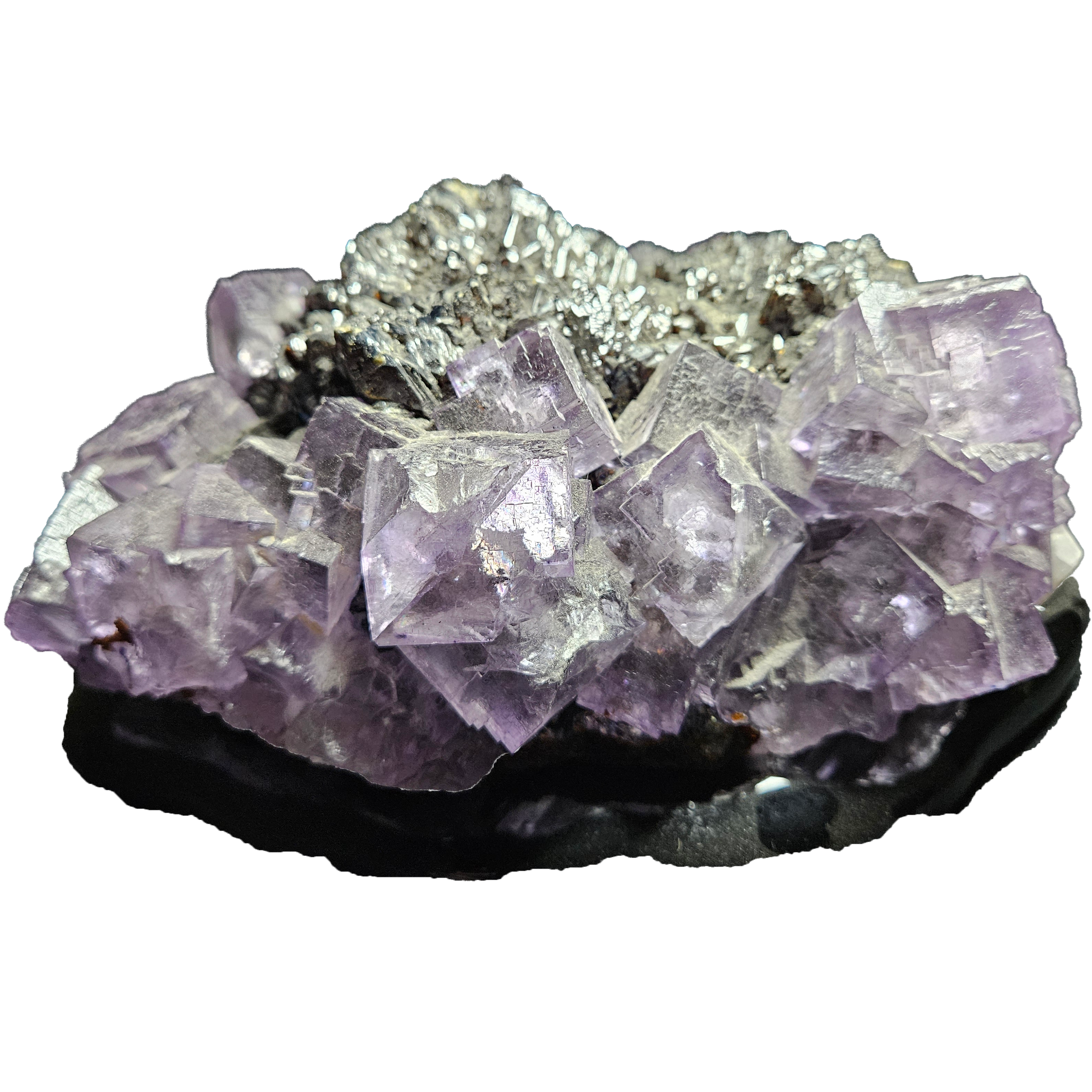 Fluorite avec galène sur verre opale noir