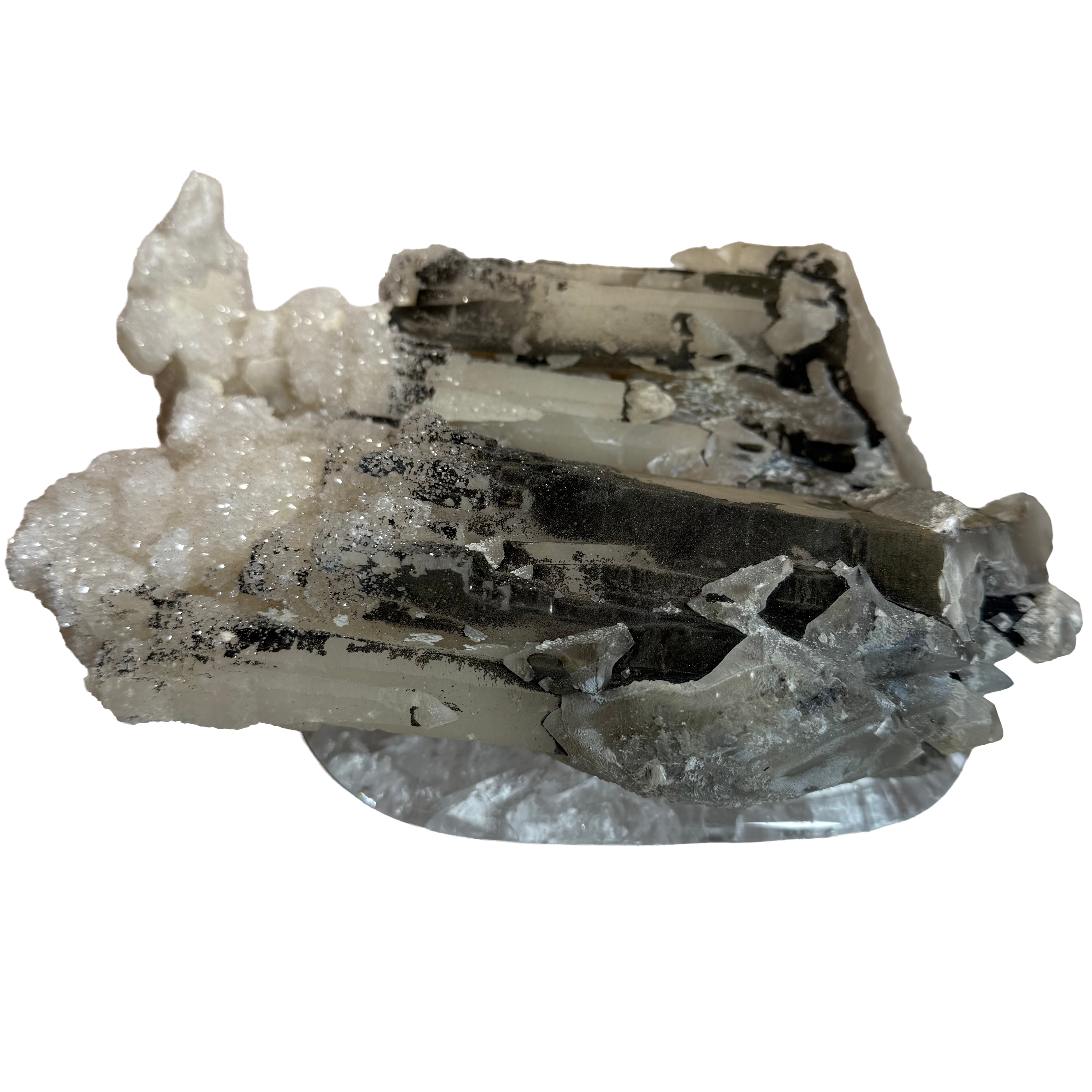 Améthyste blanche avec quartz sur socle en cristal