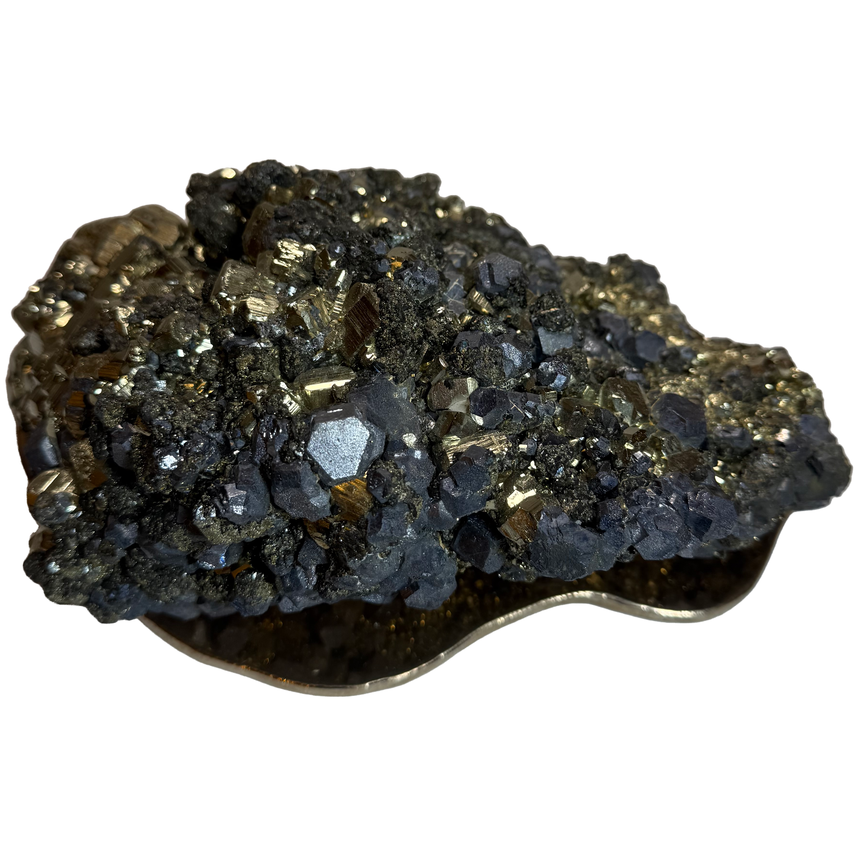 Pyrite hexagonale sur socle en bronze