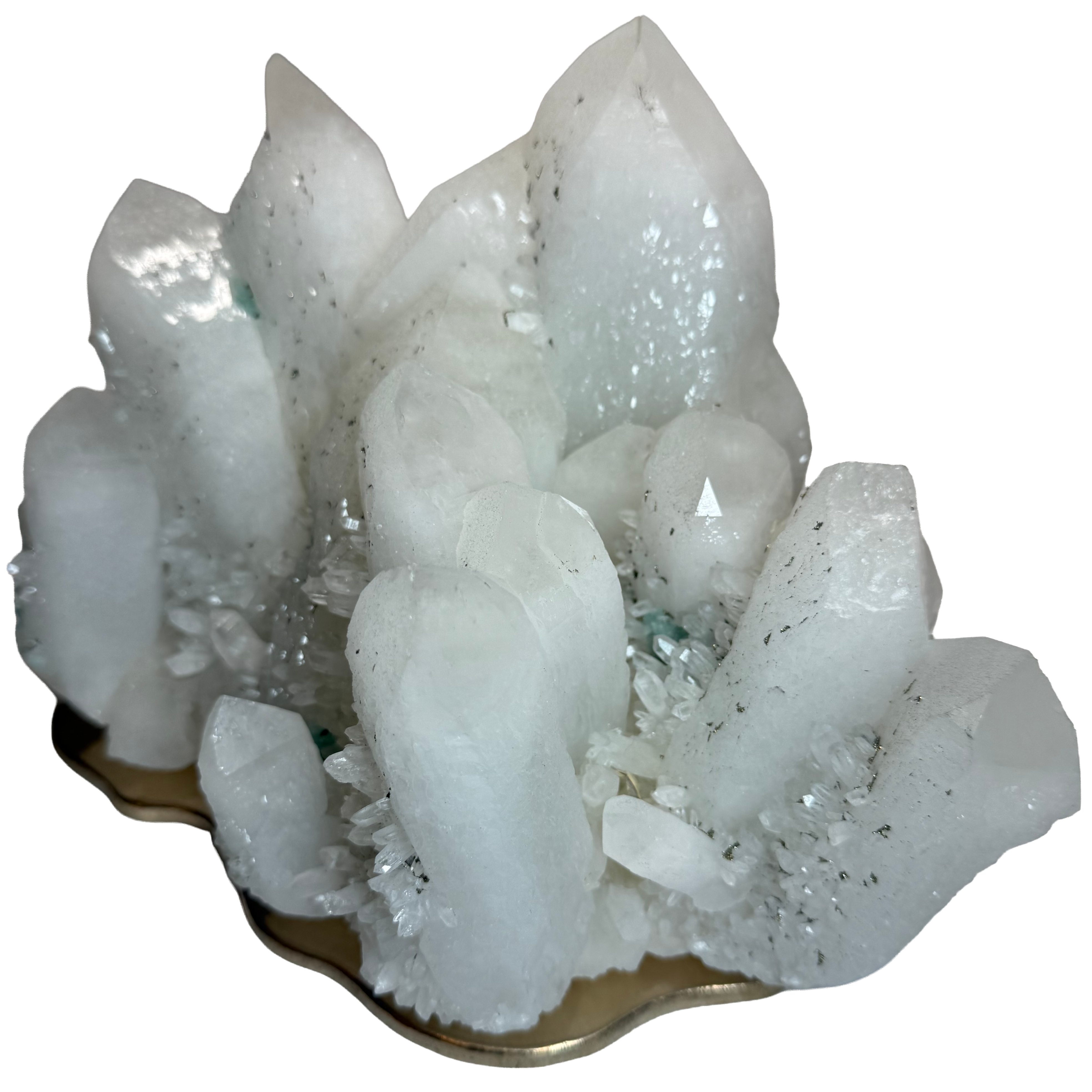 Quartz nuageux avec argent sur socle en bronze