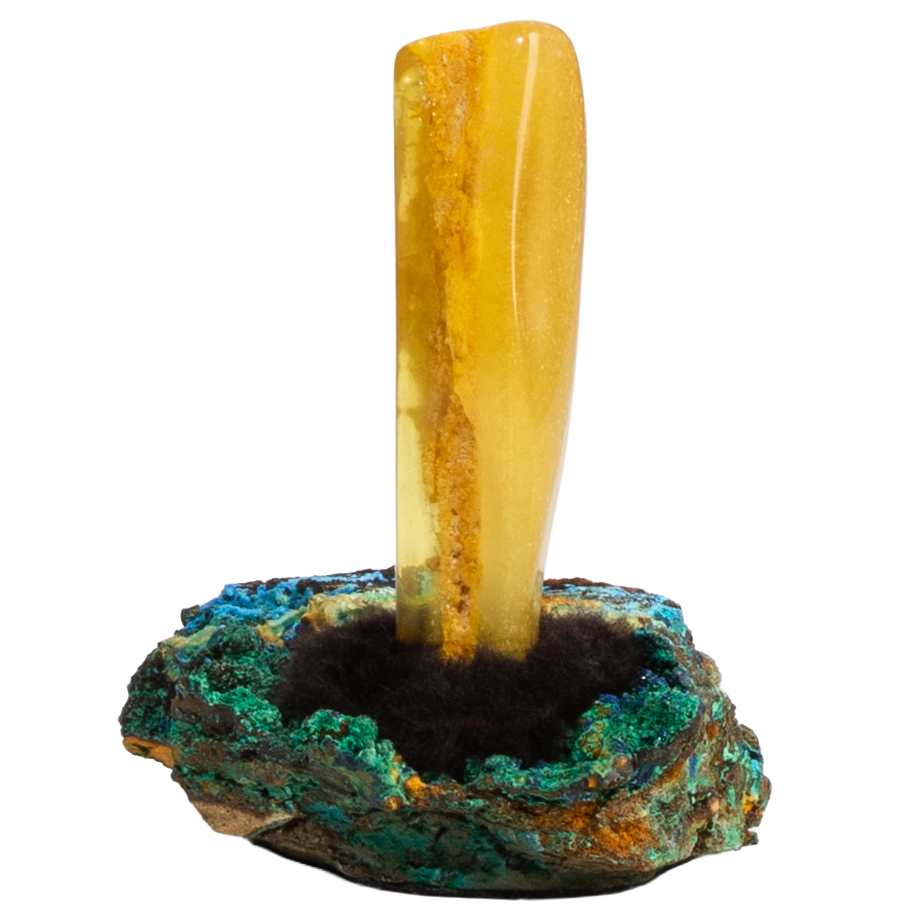 Talisman d'ambre sur malachite avec azurite
